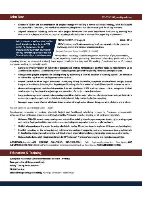 Project Controls Resume Sample 2 Project Controls Resume Sample 2