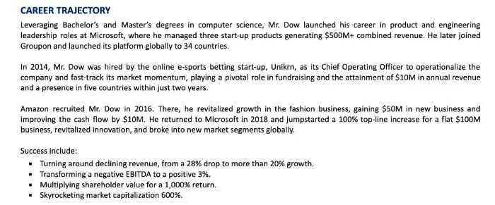 Career Trajectory in Executive bio