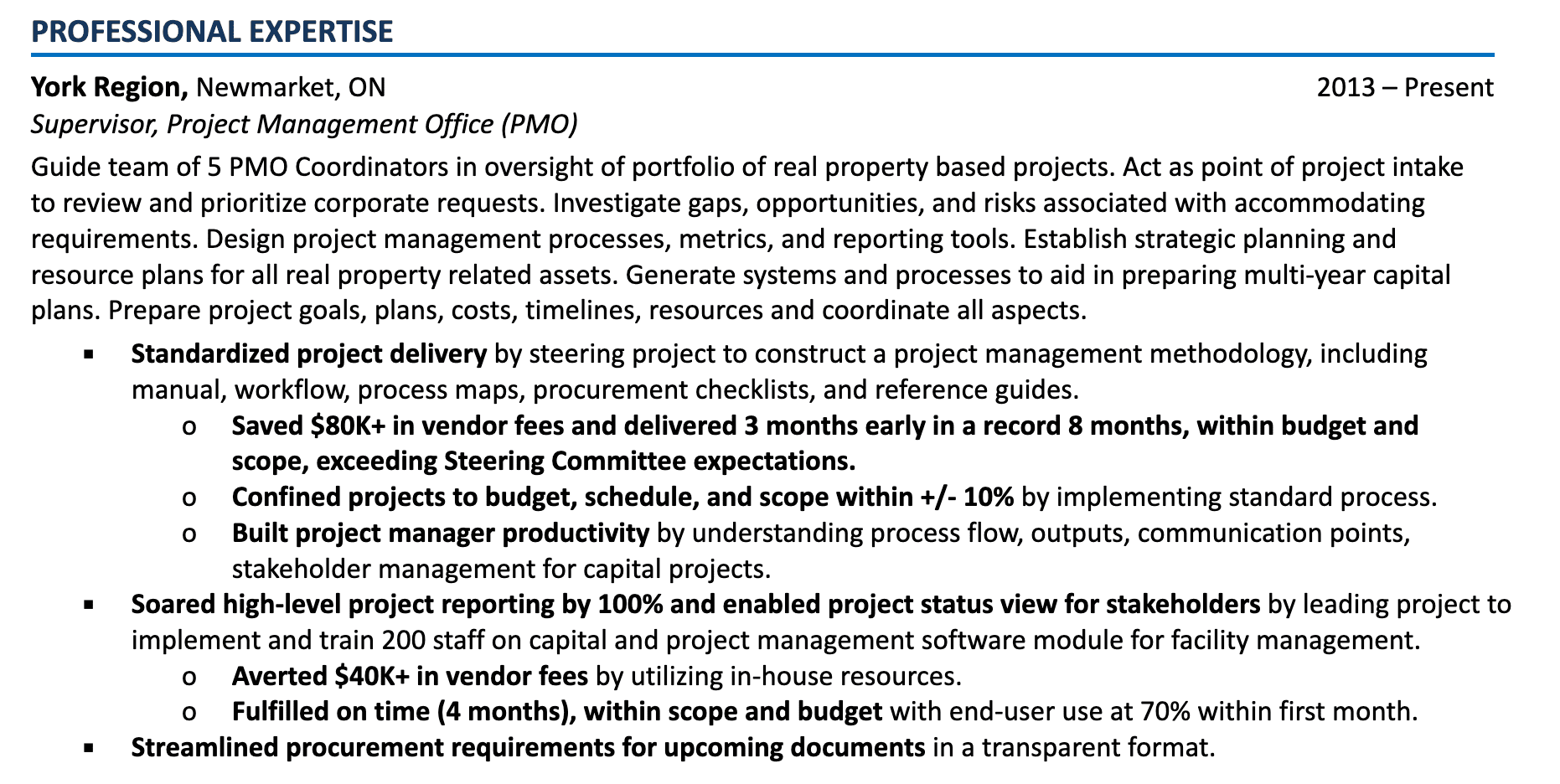 project management experience on resume