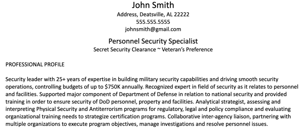 security officer personal info Security Officer Career Summary