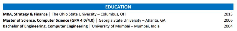 CEO Resume Education section