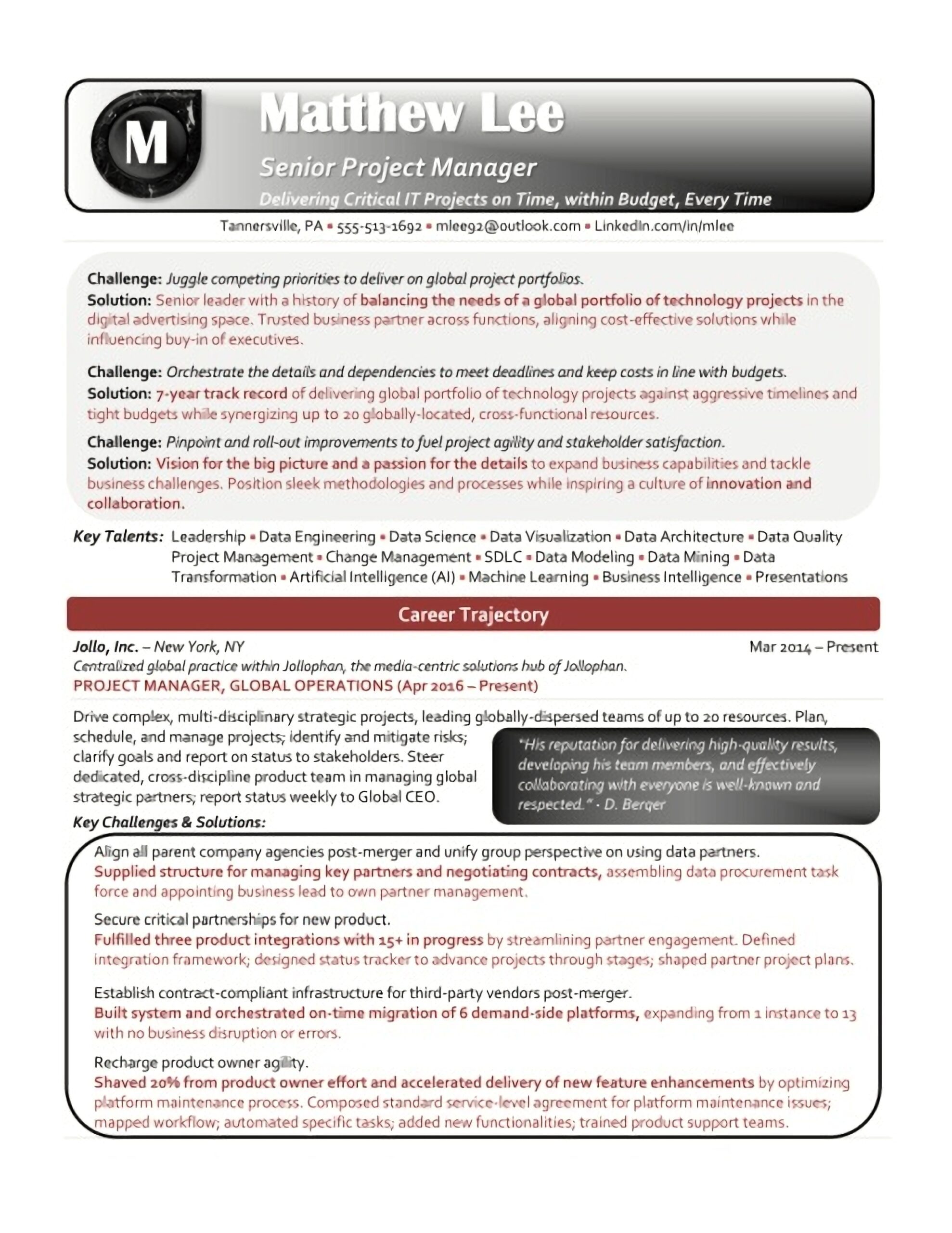 Best Award Winning Resume Samples - IT Project Manager Resume Sample 1 Scaled 