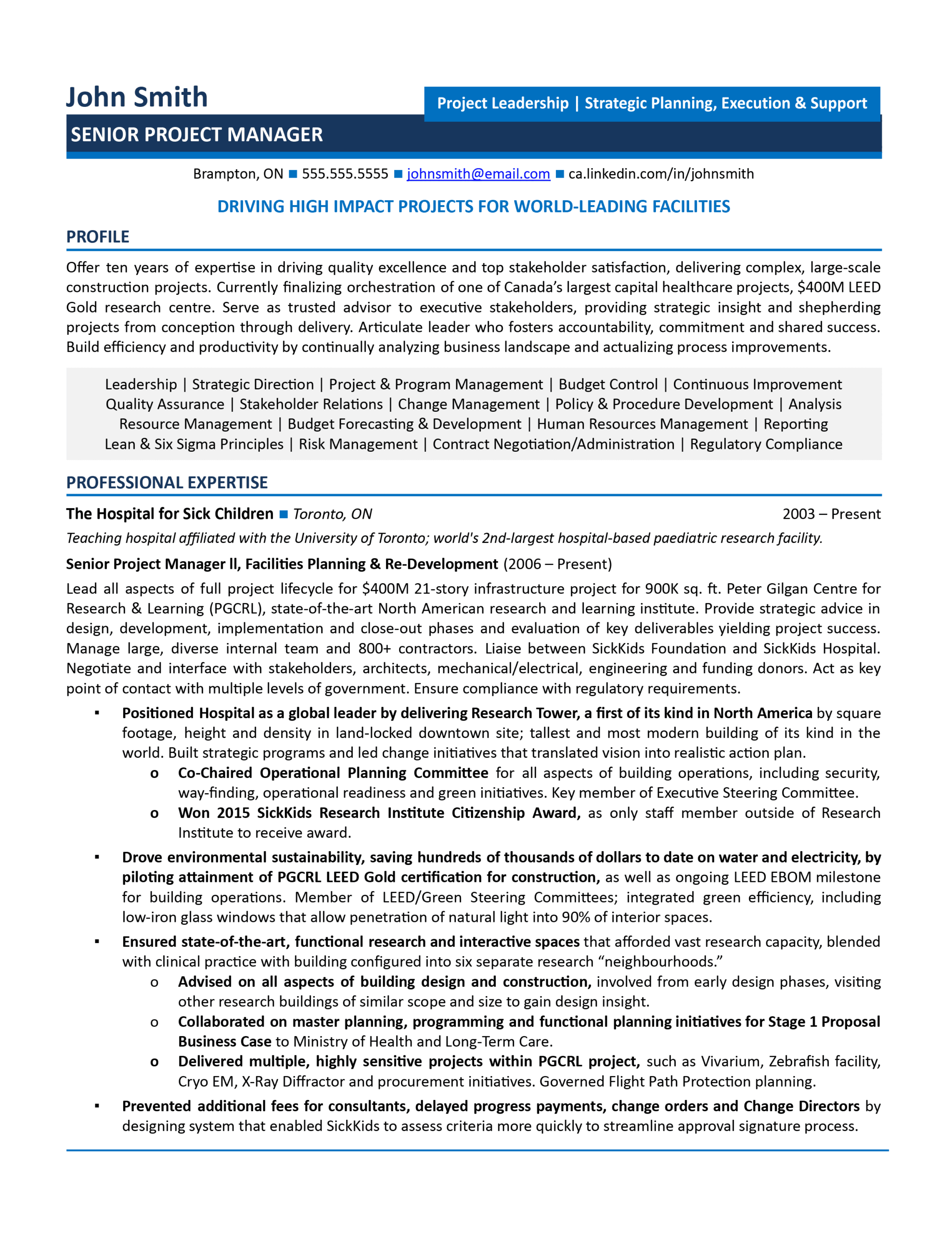 senior project manager resume sample