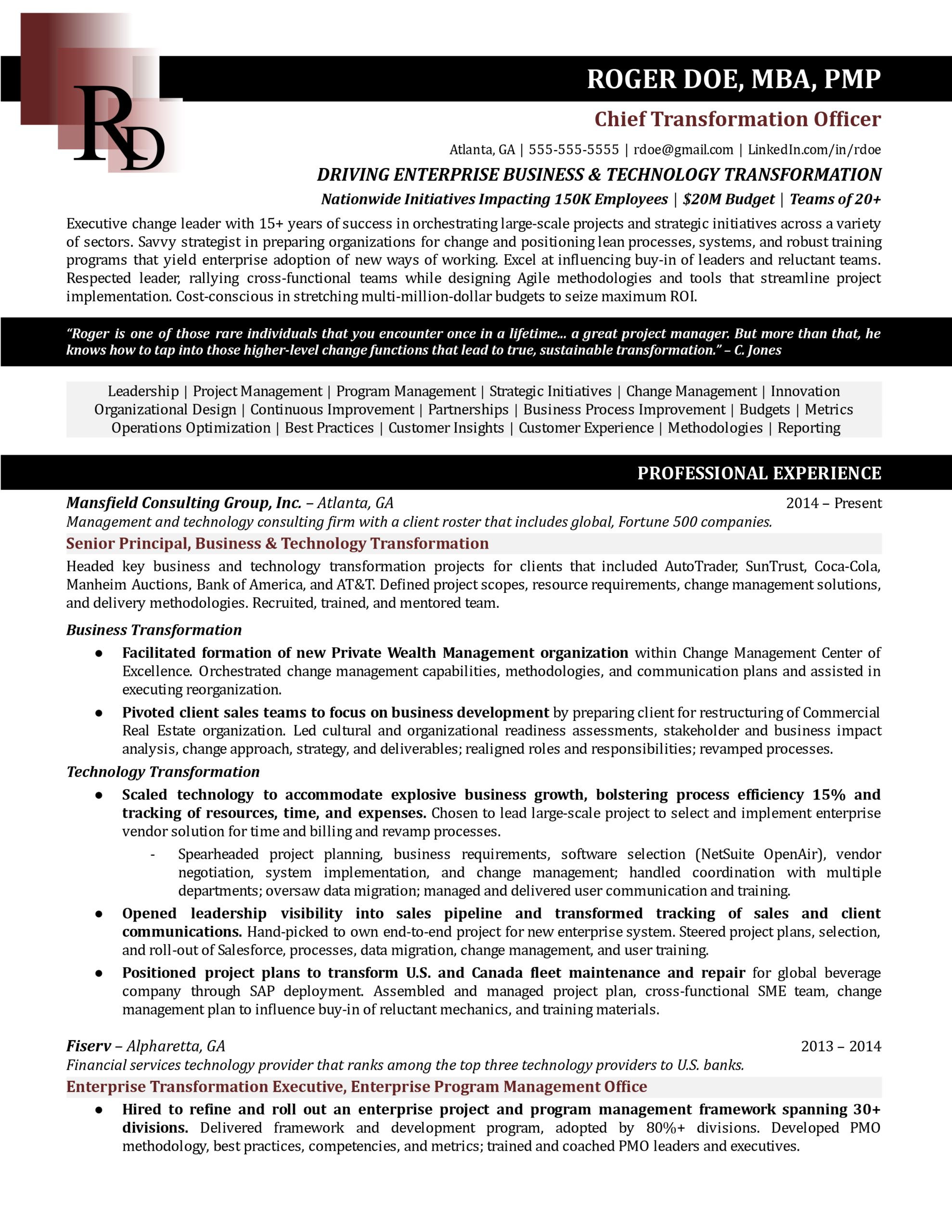 Chief Transformation Officer Resume Sample