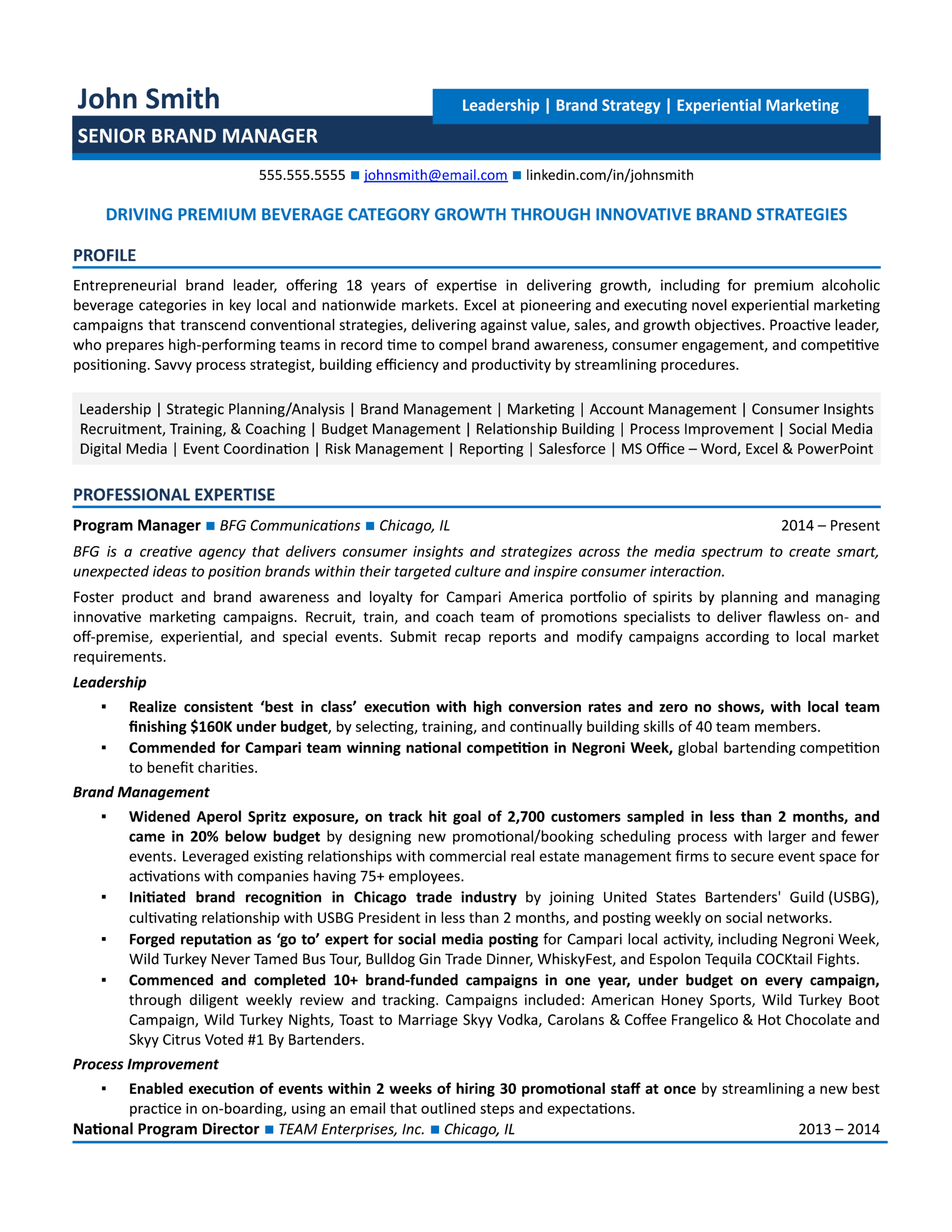 brand management resume sample