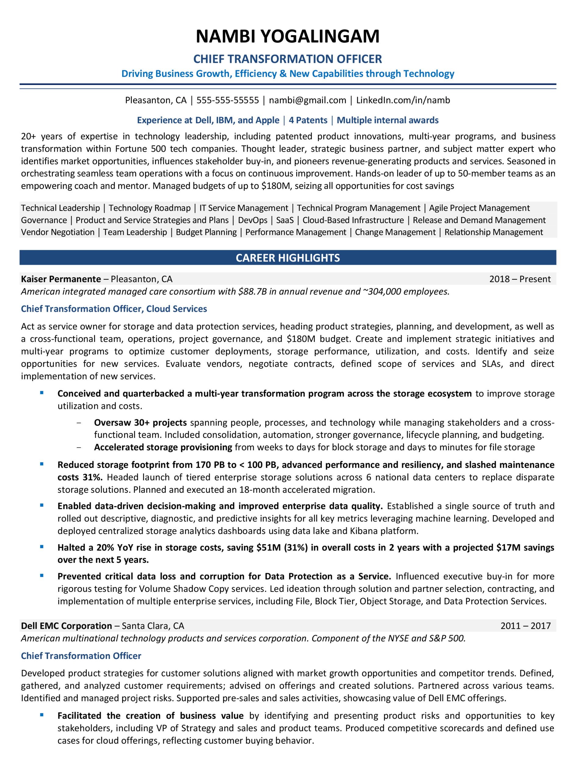 chief transformation officer resume example