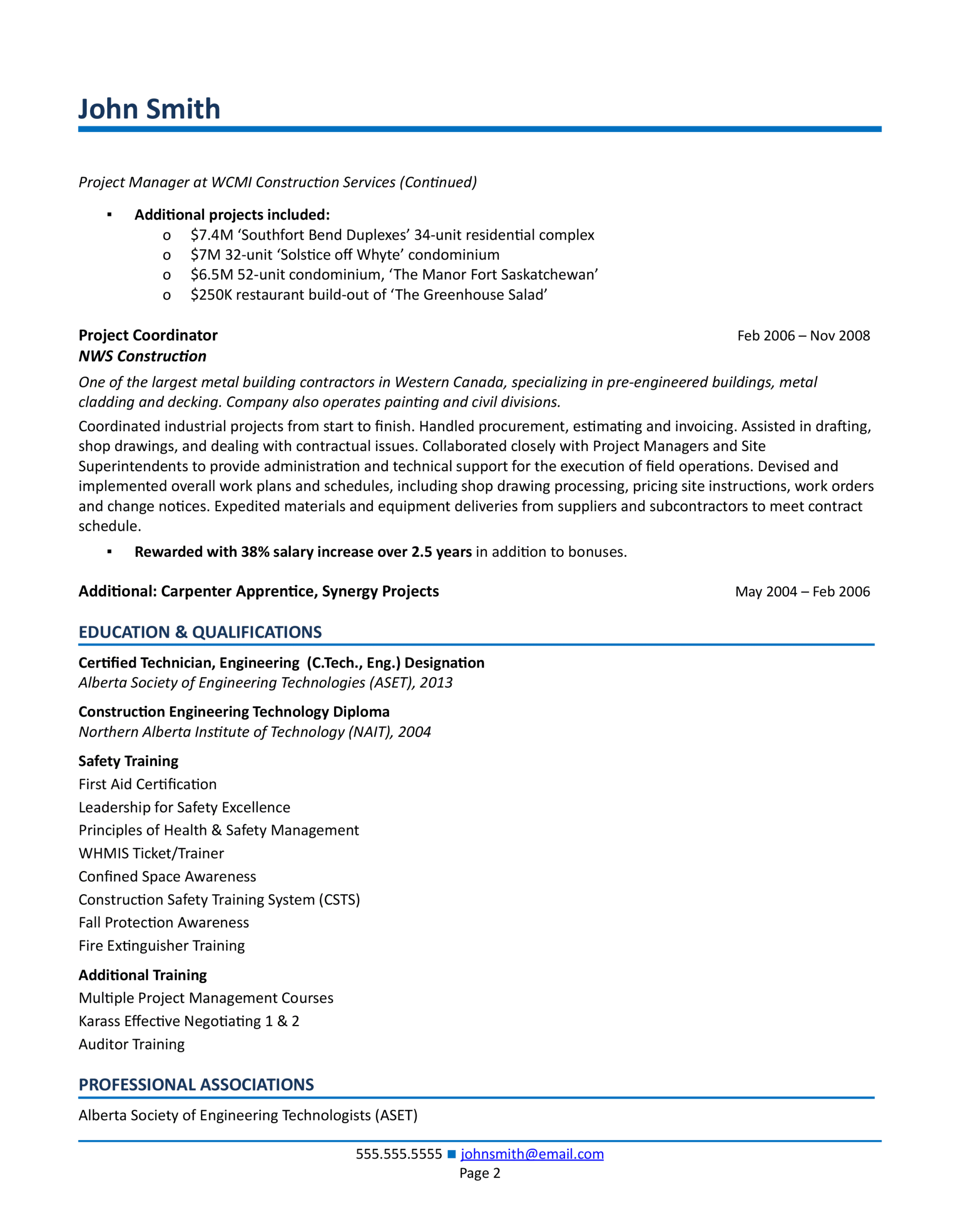 education and qualifications for construction project manager resume