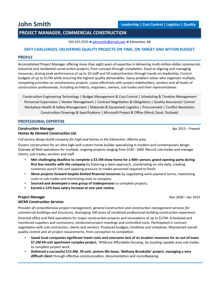 Construction Project Manager Resume - Sample Resume Construction Project Manager 768x994 