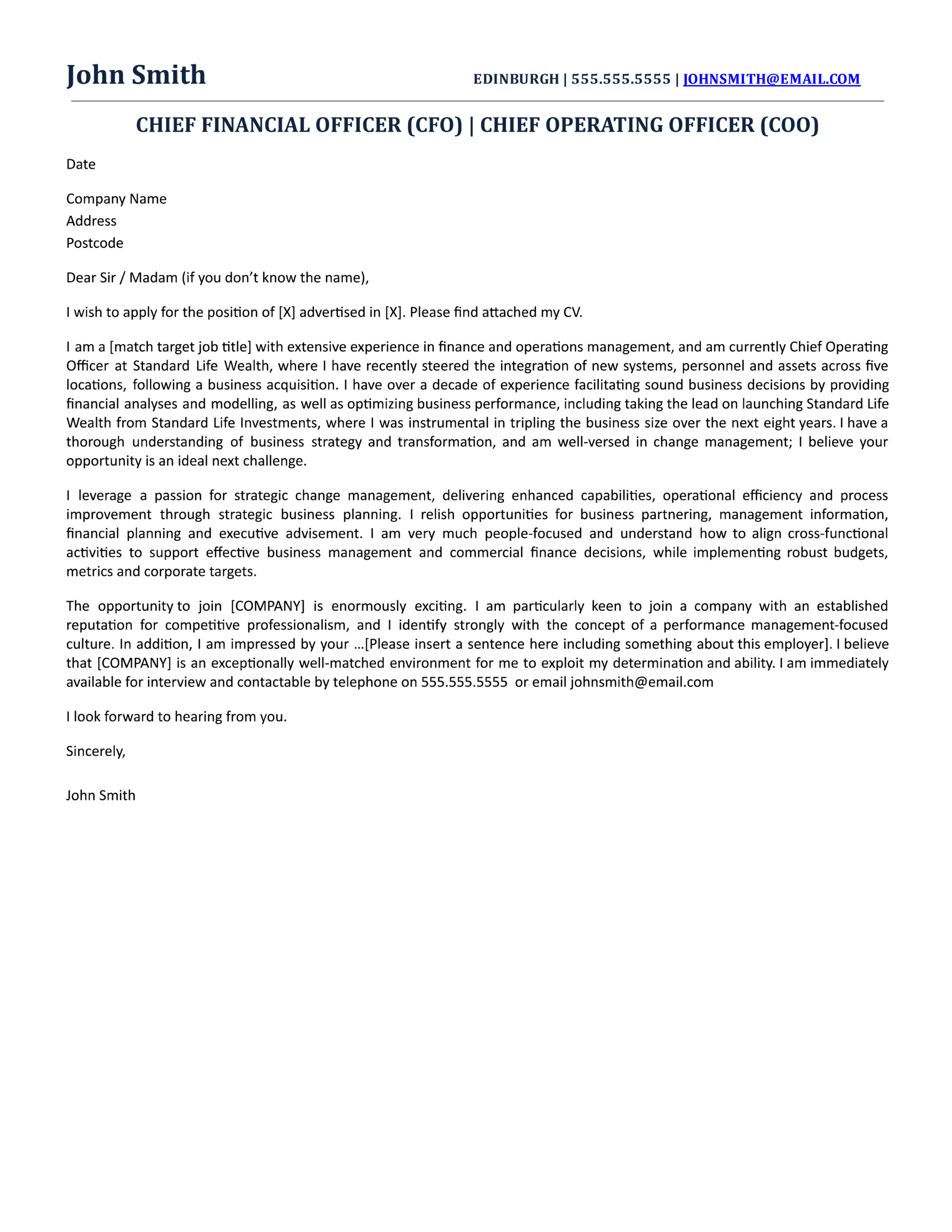 cfo cover letter samples