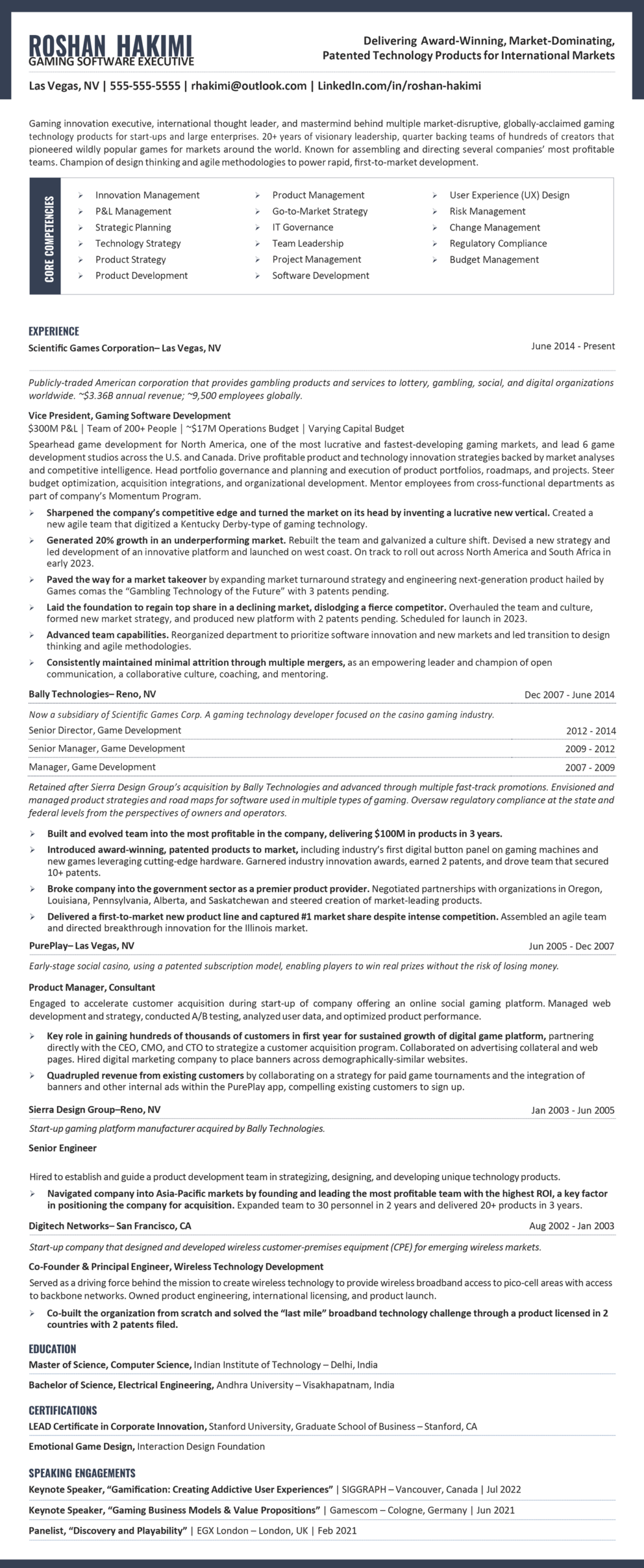 gaming software executive resume