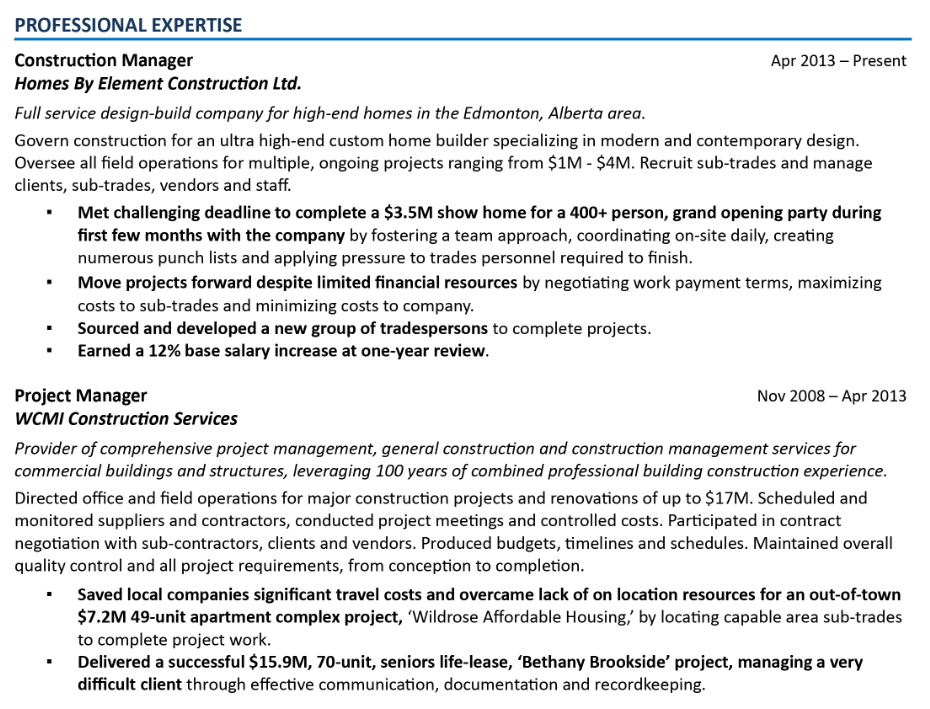 Experience section for construction project manager resume
