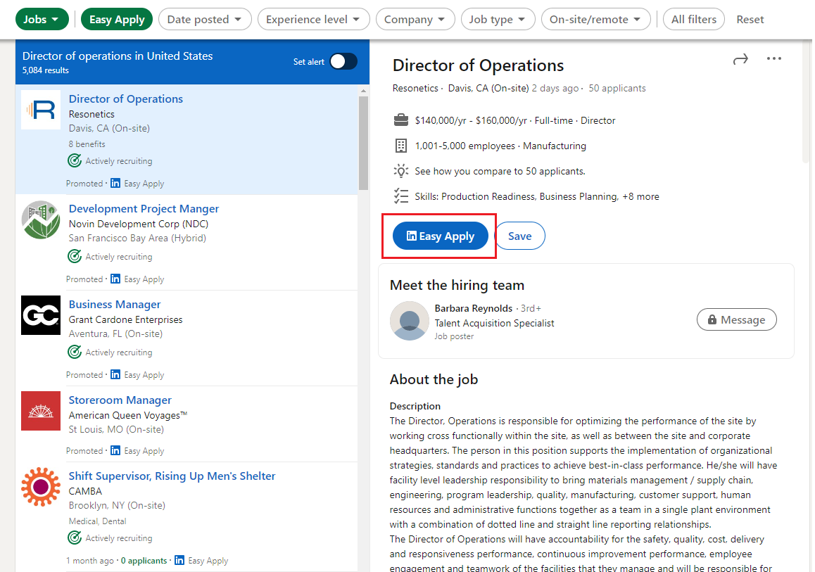 easy apply option on job details panel