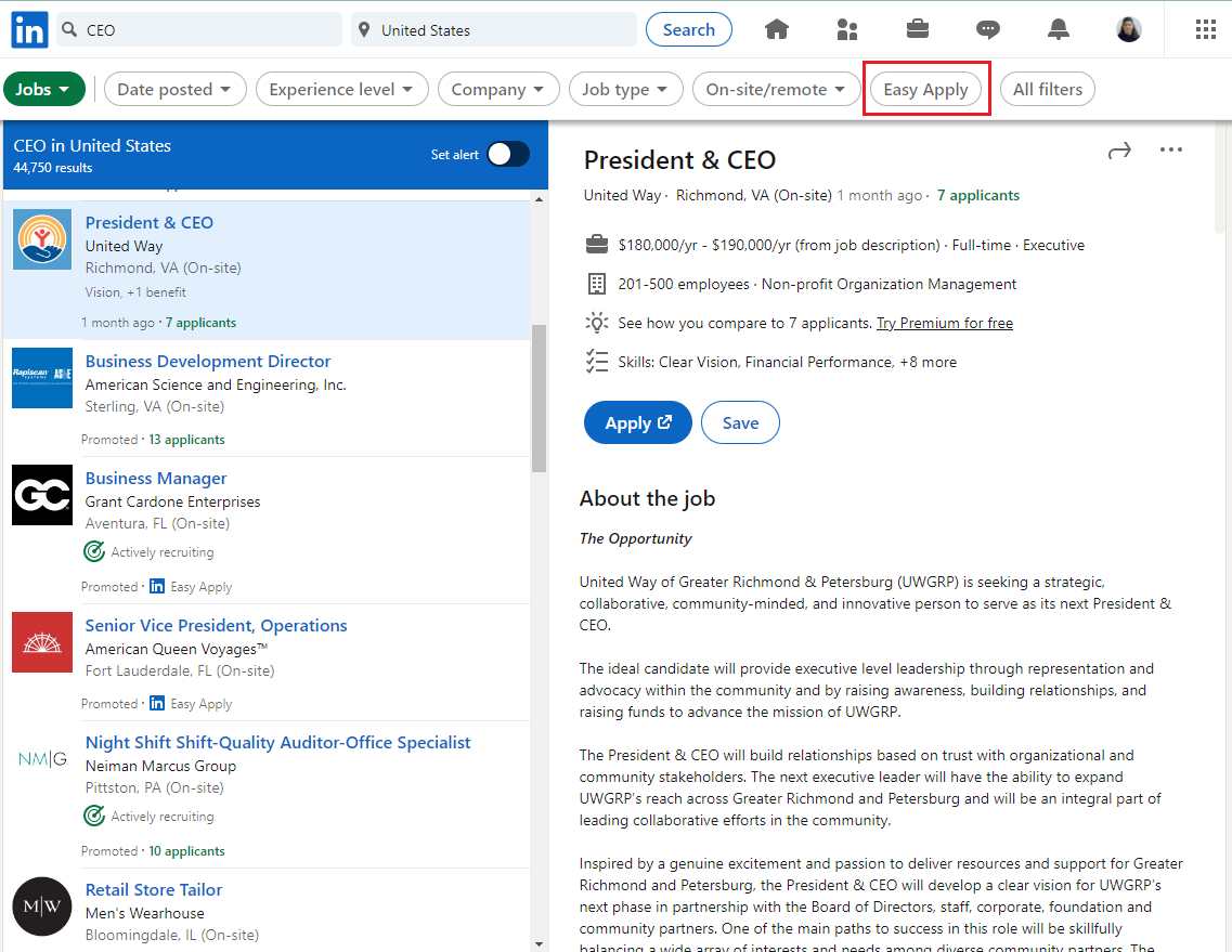 easy apply option on linkedin