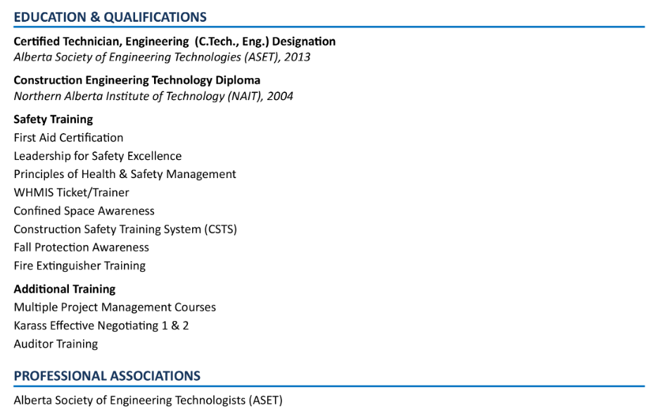 education section for construction project manager resume