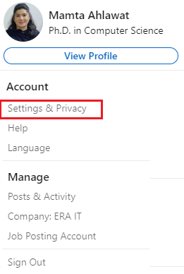 settings and privacy tab in linkedin profile