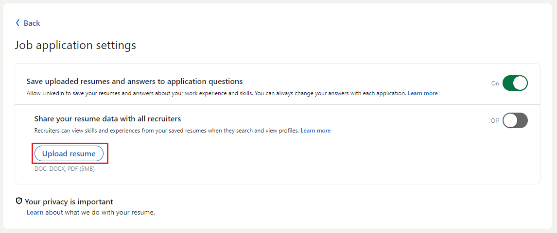 upload resume on job application settings linkedin