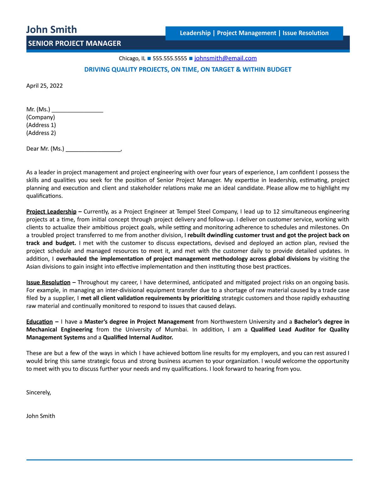 project manager cover letter examples
