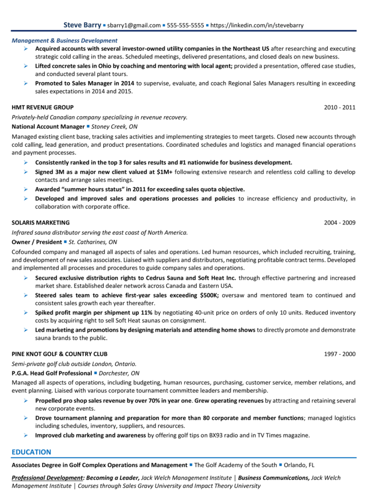 resume example for sales leader