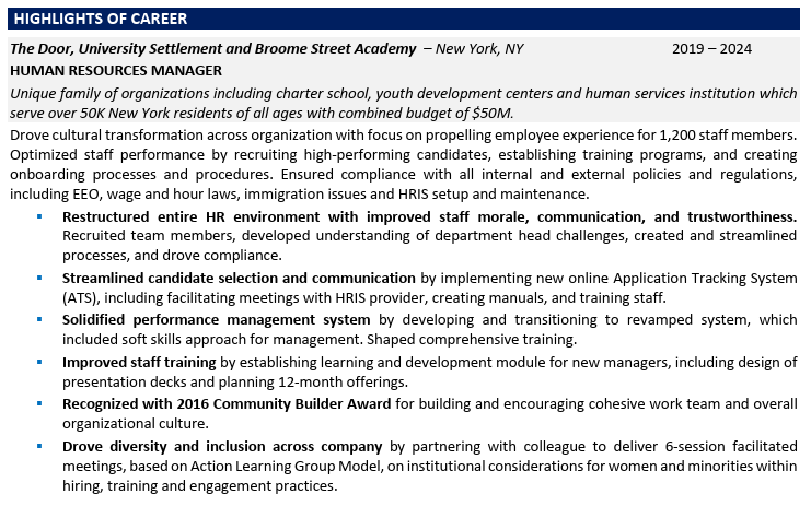 Experience section for HR Director resume