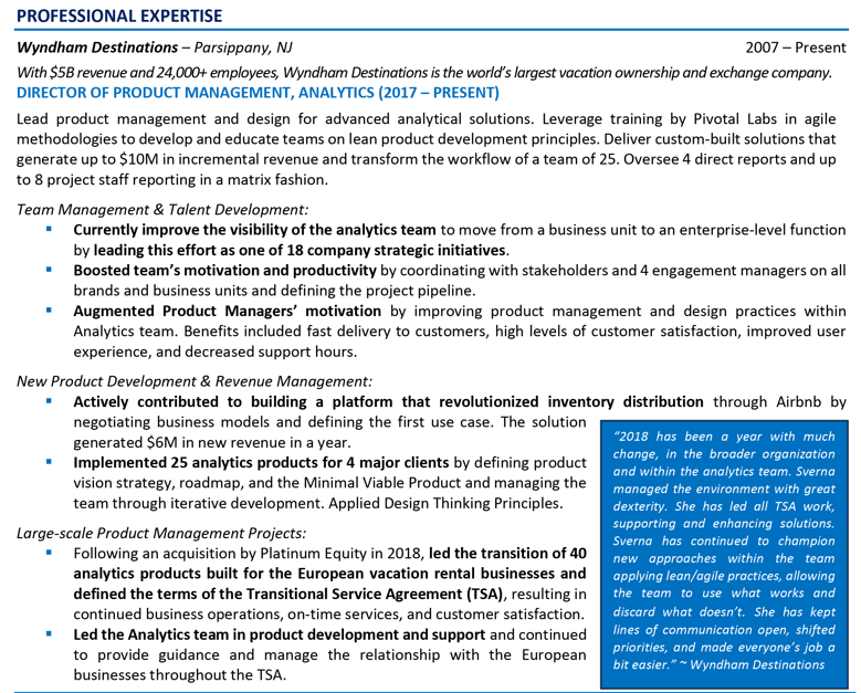 Experience section for Product Development Director resume 1