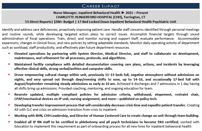 Experience section for nursing director resume