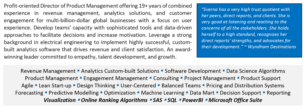 Summary section for Product Development Director resume
