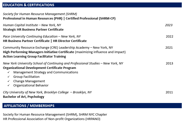 education section of HR Director resume