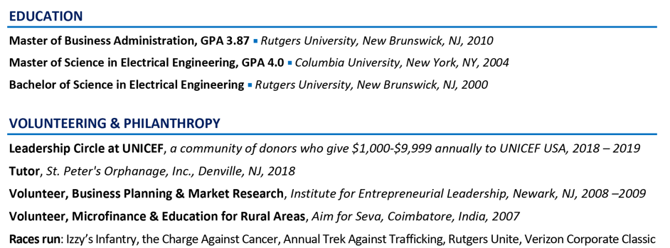 education section of Product Development Director resume 1