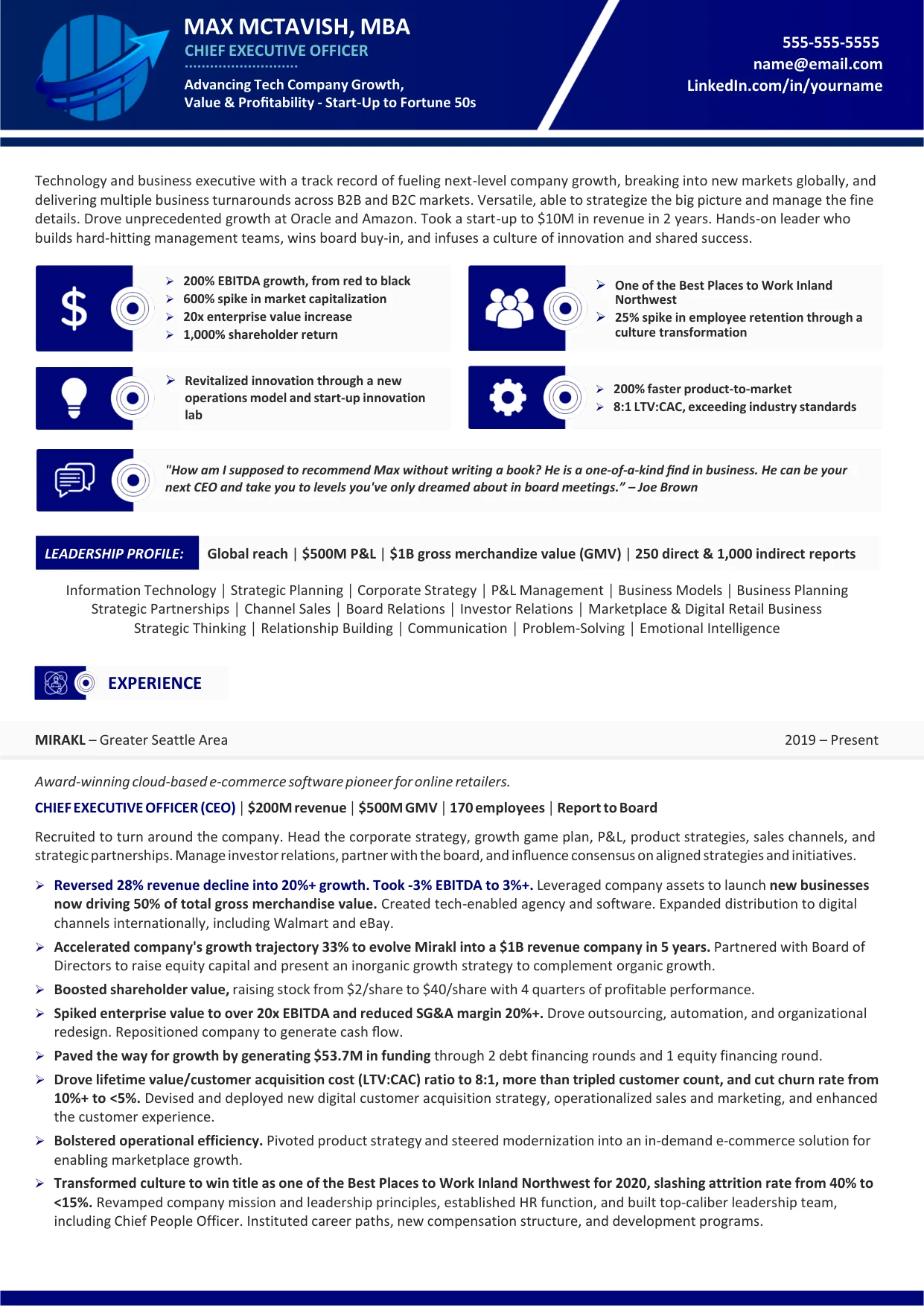 CEO resume example: TORI 2023 award-winning executive resume, page 1