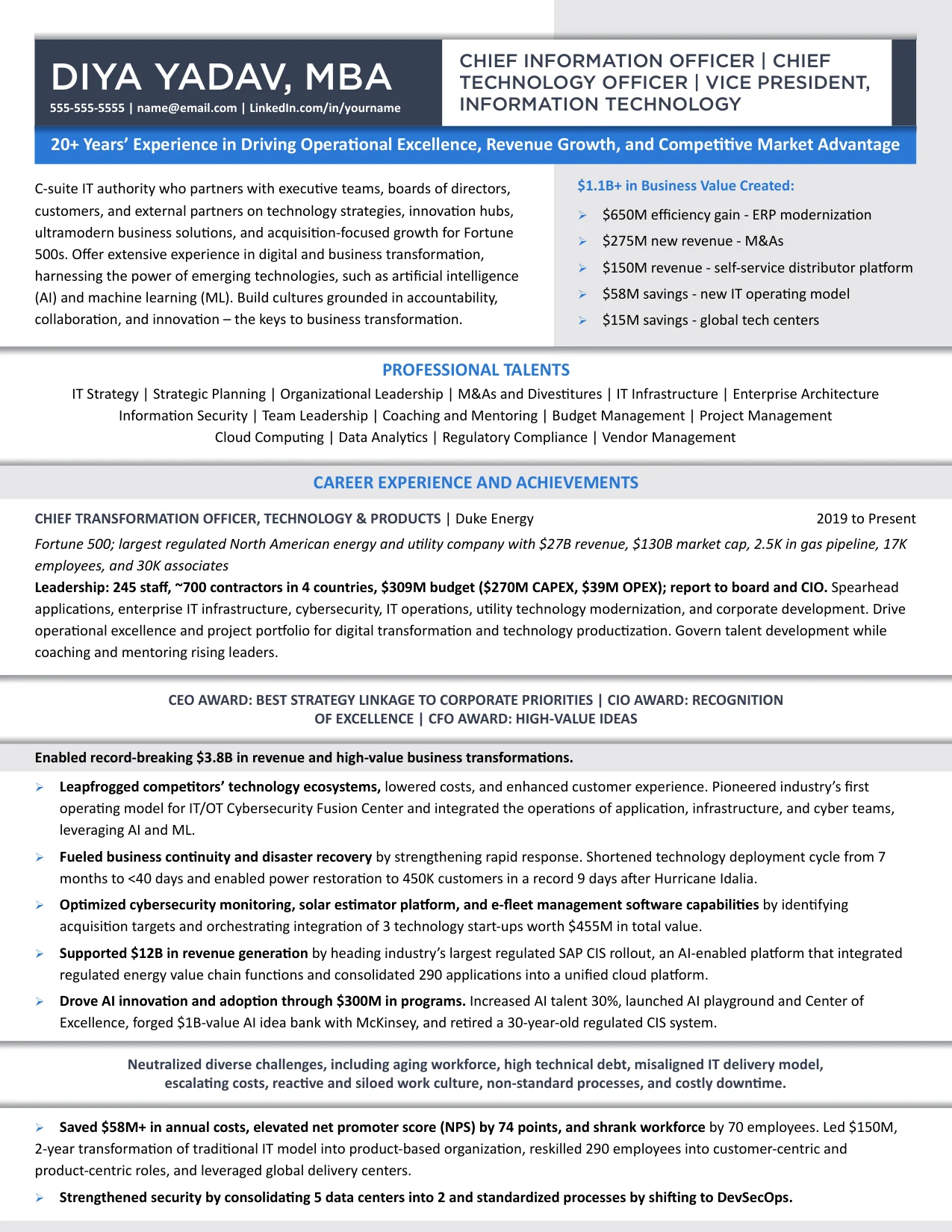 CIO resume example: chief information officer resume entered in the TORI 2025 awards, page 1