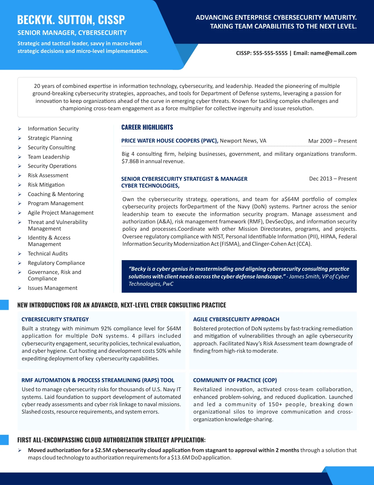 cybersecurity manager resume Cybersecurity resume example: senior cybersecurity manager resume entered in the TORI 2022 awards, page 1