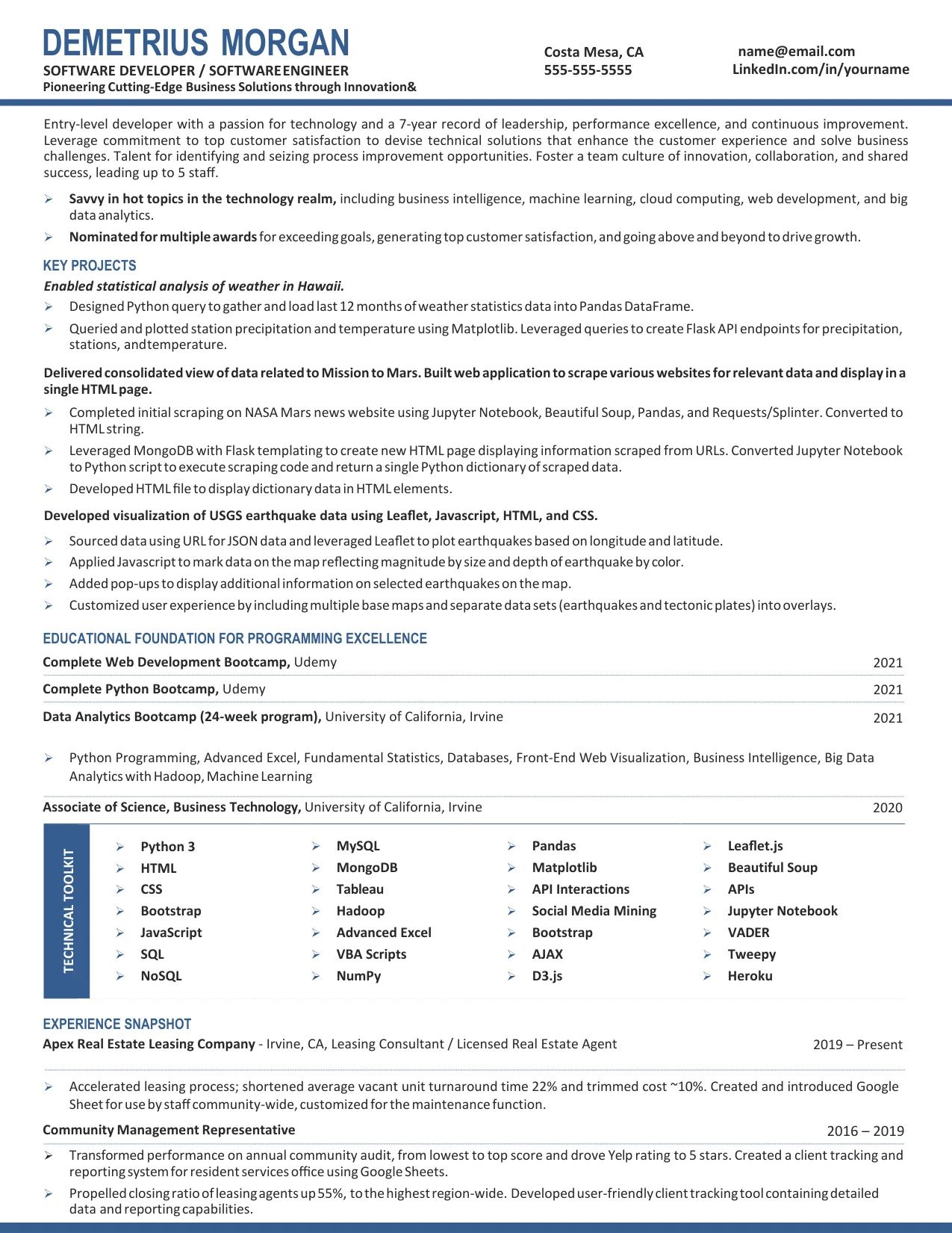 entry level software engineer resume Software engineer resume example for a new graduate entered in the TORI 2022 awards, page 1