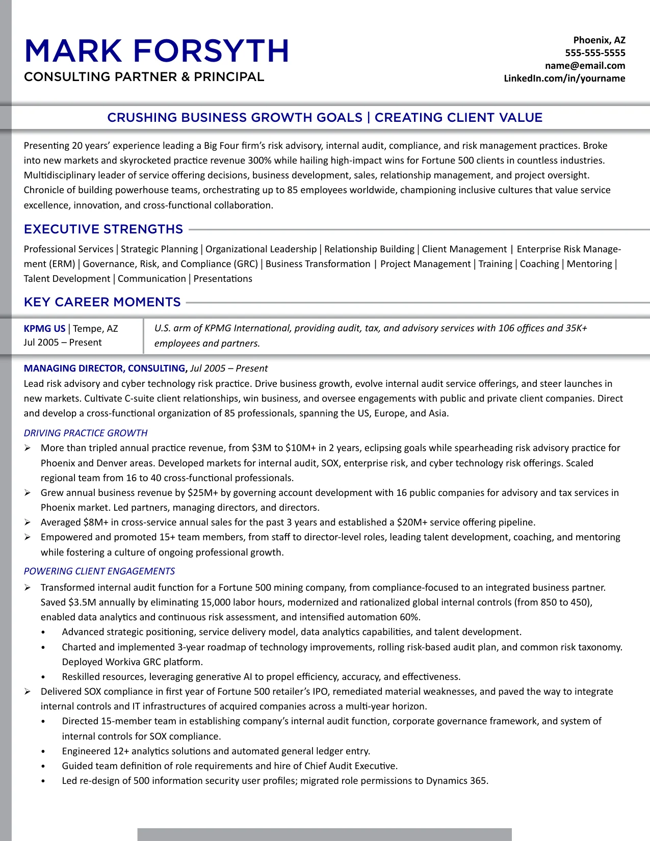 C-level executive resume sample entered in the TORI 2025 awards, page 1