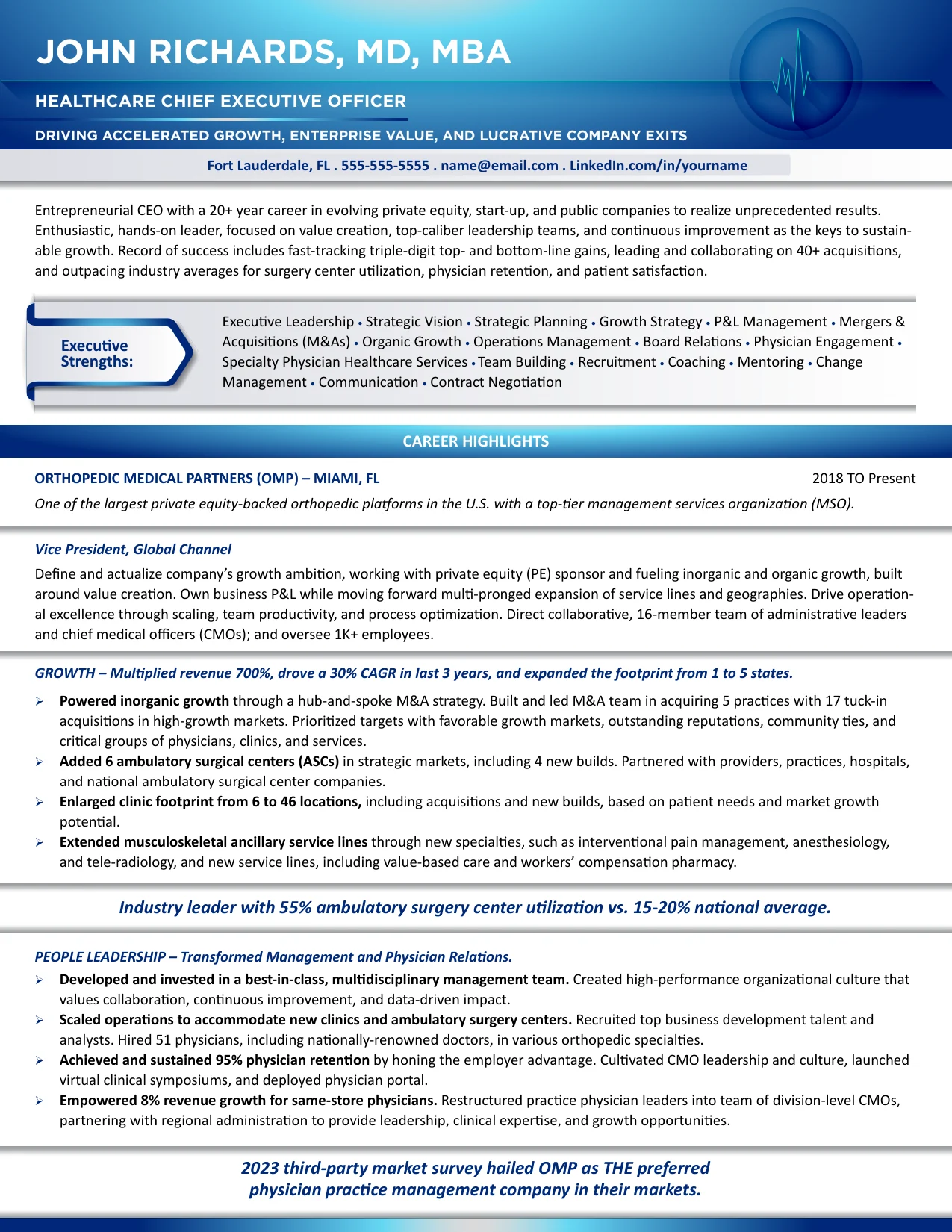 healthcare executive resume example tori 2025 3rd place Medical resume example: TORI 2025 third-place healthcare resume for a physician executive, page 1