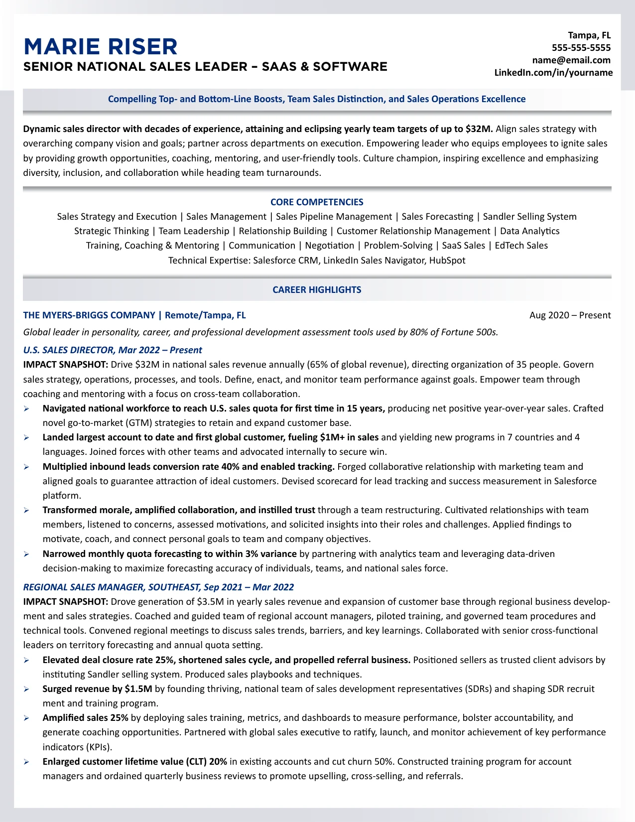 Sales executive resume example: senior national sales leader resume entered in the TORI 2025 awards, page 1